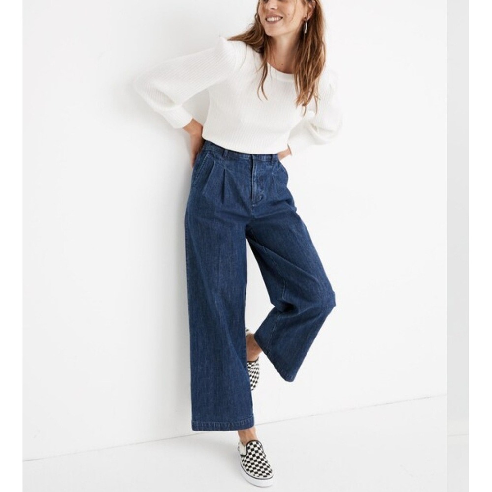 Madewell Pleated Wide Leg Jeans Size 2 Blue Medium Wash High Rise Crop Denim
